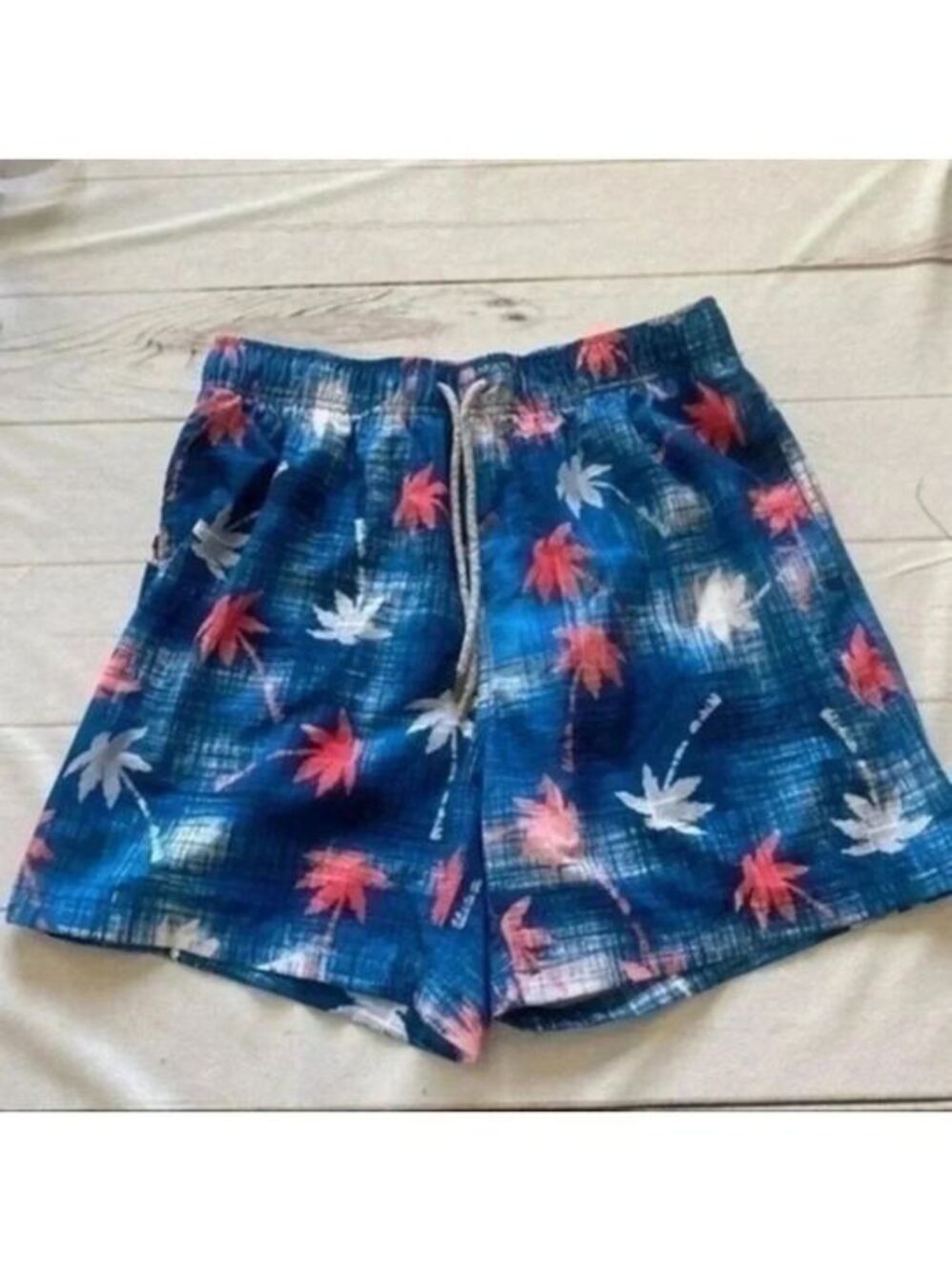 Vintage Summer Swimwear Men’s Swim Shorts Blue/Pink Palm Trees Size Large